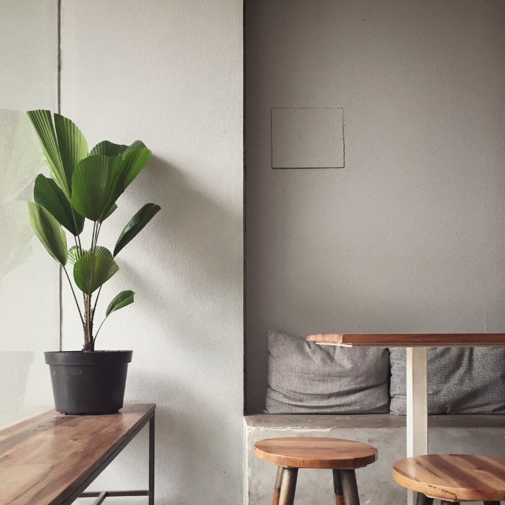 a peaceful room with neutral colors - in it is a plant, a table, some stools and pillows.