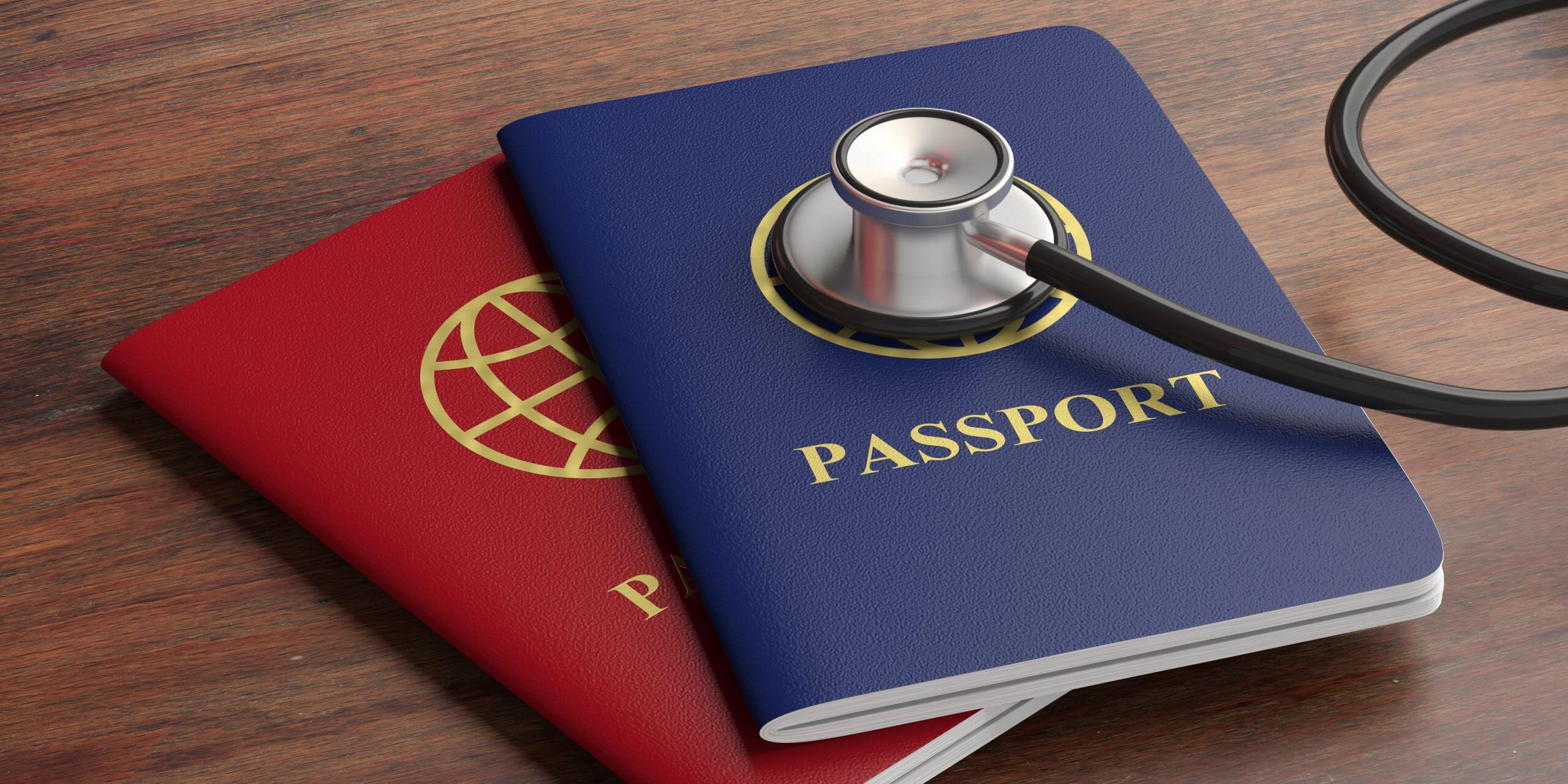blue and red passport with stethoscope