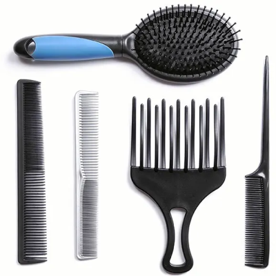 When It Comes to Thinning Hair, Which Brush You Use Matters - a mix of 7 combs, brushes, and hair picks displayed on a white background.