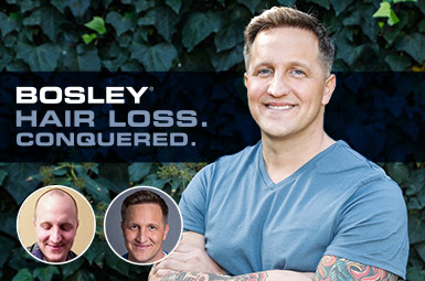Bosley patient picture with the before and after headshot and the headline Bosley hair loss conquered
