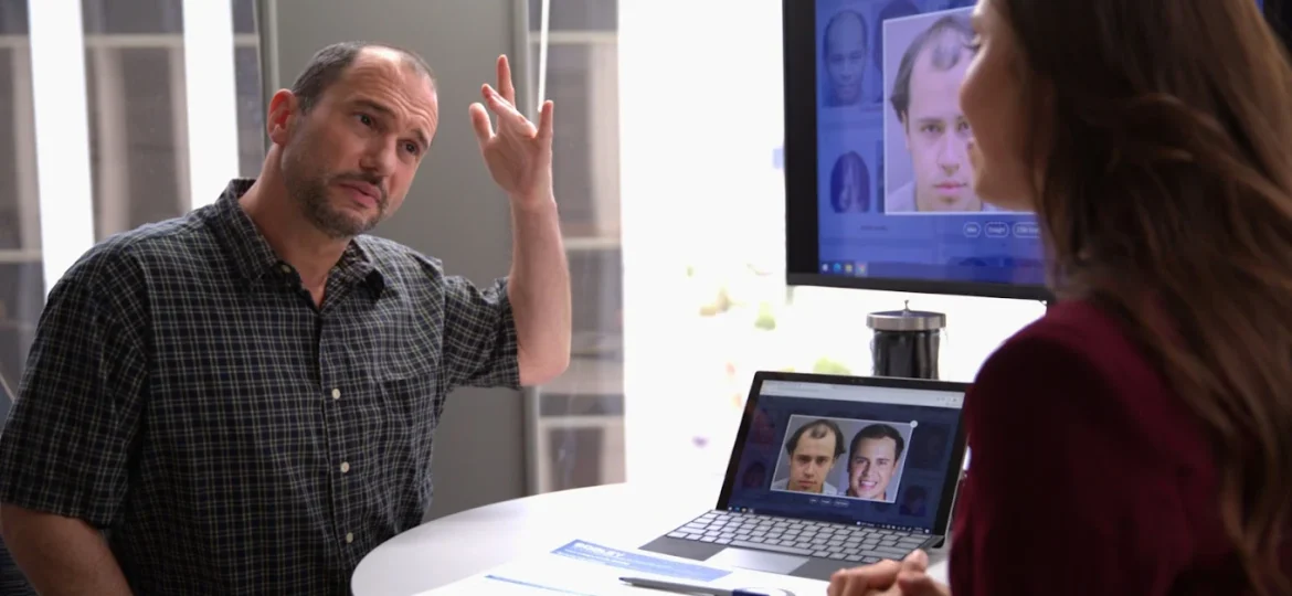 Hair transplant Atlanta consultation showing patient discussing hair restoration options with specialist